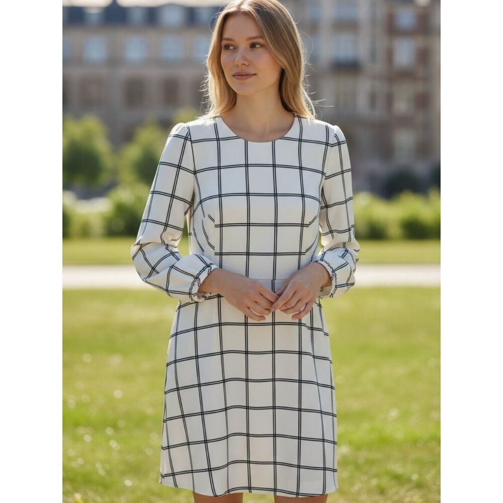J. Crew White Dress with Black Windowpane Grid